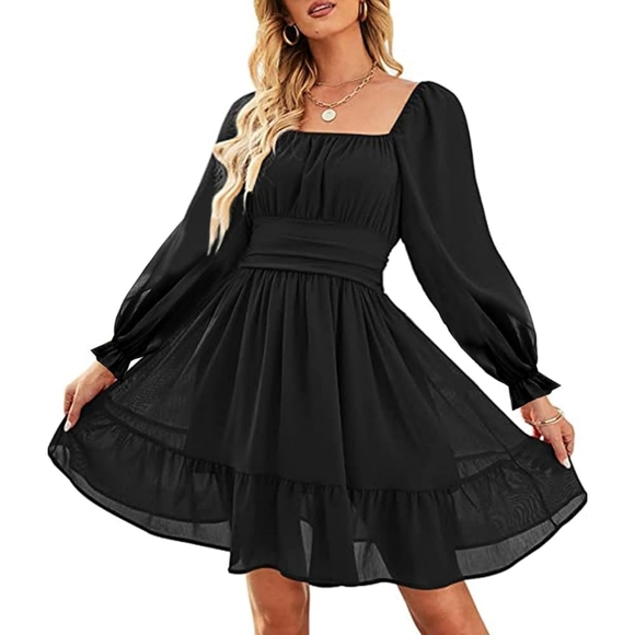 NWT Zaful Black Square Long Puff Lanturn Sleeve Tie Back Beach Sun Mini Dress S - Picture 12 of 14